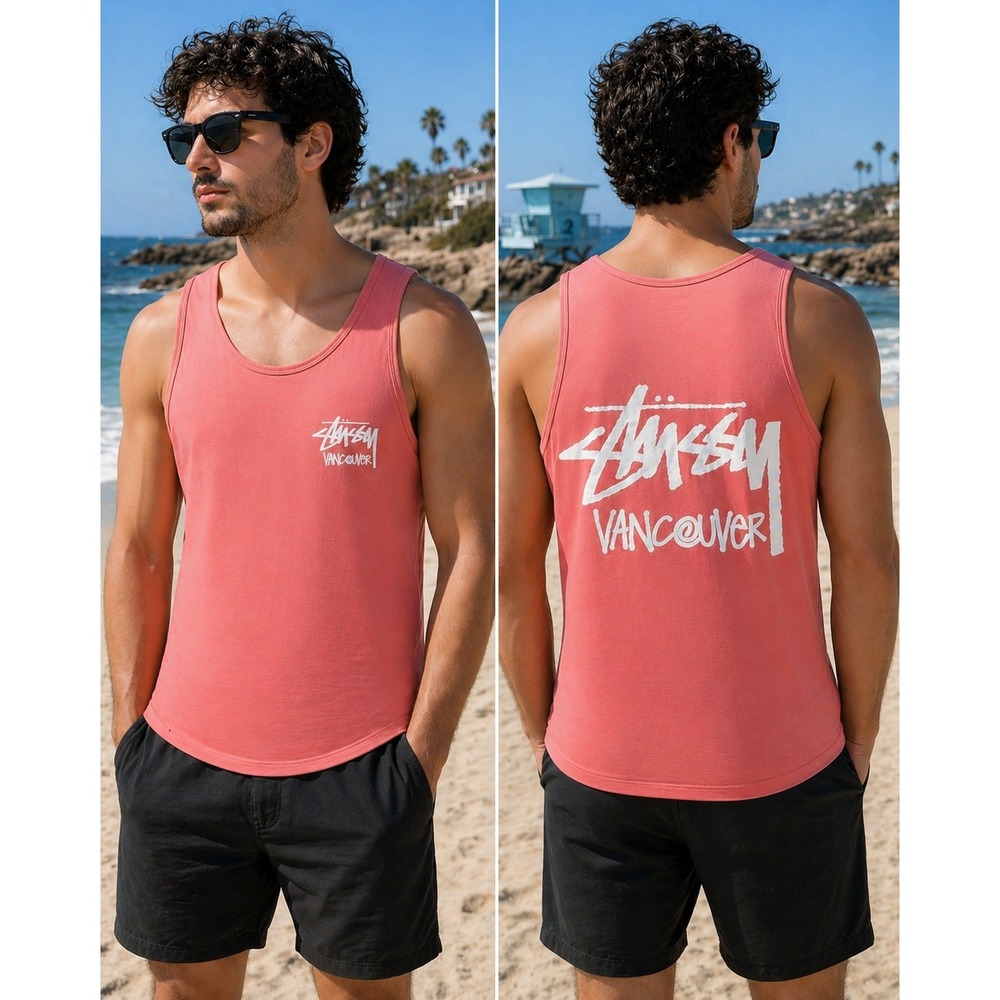Stussy Vancouver Tank Top Men's Med Coral Graphic Streetwear Logo Cut Tag